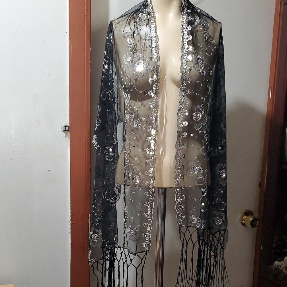 Elegant Black and Silver Sequined Tulle Floral Shawl